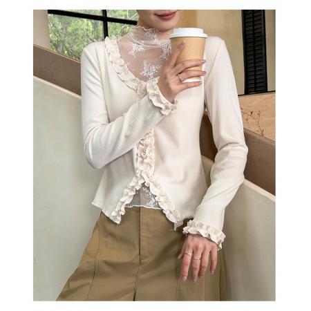 FA49130# 法式甜美风木耳边蕾丝拼接长袖T恤女秋冬新款修身打底衫洋气上衣 服裝批發女裝批發服飾貨源