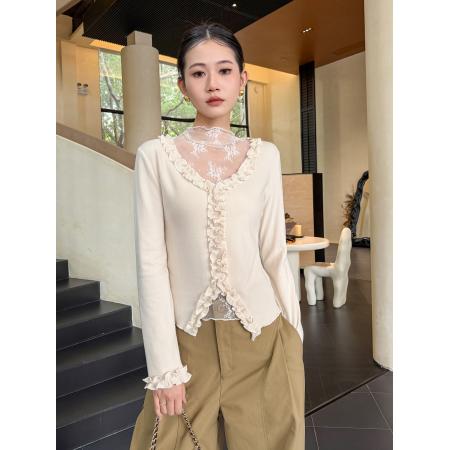FA49130# 法式甜美风木耳边蕾丝拼接长袖T恤女秋冬新款修身打底衫洋气上衣 服裝批發女裝批發服飾貨源