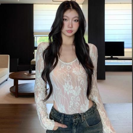 FA49131# 婉君自发热蕾丝内里磨毛带弹性双层浮雕蕾丝上衣 服裝批發女裝批發服飾貨源