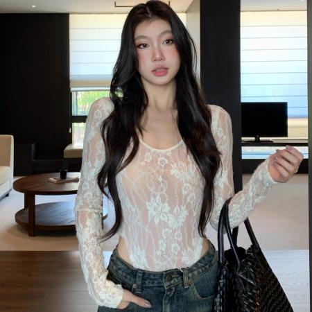 FA49131# 婉君自发热蕾丝内里磨毛带弹性双层浮雕蕾丝上衣 服裝批發女裝批發服飾貨源