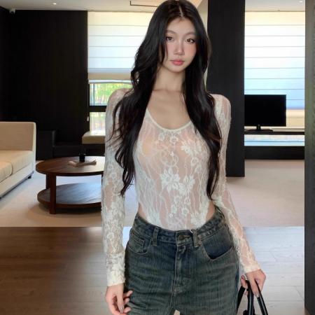 FA49131# 婉君自发热蕾丝内里磨毛带弹性双层浮雕蕾丝上衣 服裝批發女裝批發服飾貨源