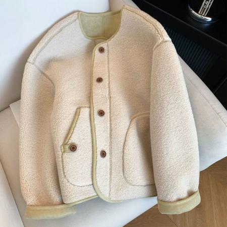 FA49132# 双面绒加绒加厚短外套女小香风摇粒绒秋冬休闲百搭高级感休闲大衣 服裝批發女裝批發服飾貨源