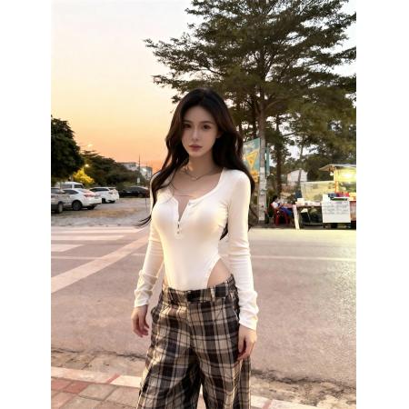 FA49134# 美式性感甜辣V领修身长袖T恤女纯欲收腰显瘦连体衣 服裝批發女裝批發服飾貨源