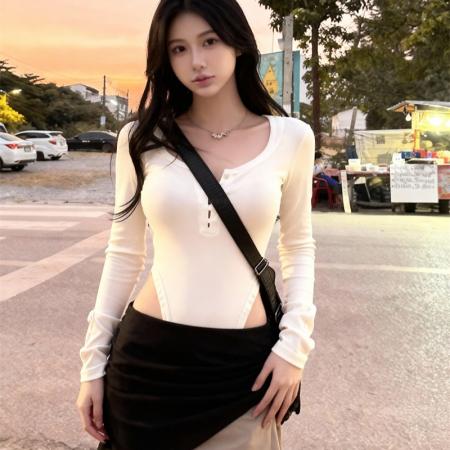 FA49134# 美式性感甜辣V领修身长袖T恤女纯欲收腰显瘦连体衣 服裝批發女裝批發服飾貨源