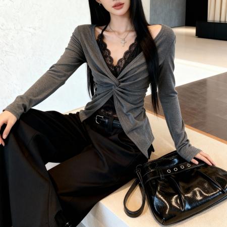 FA49136# 假两件内搭打底衫女早秋韩系穿搭蕾丝辣妹修身长袖t恤 服裝批發女裝批發服飾貨源