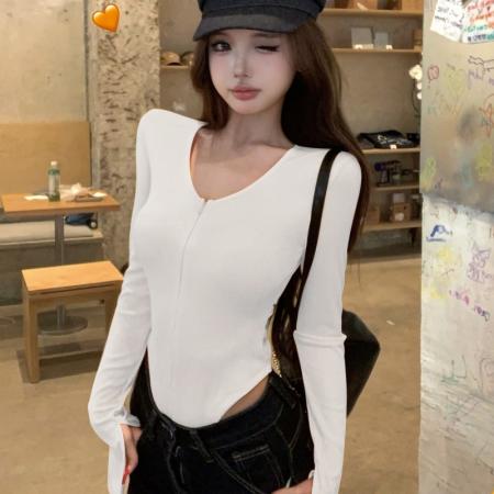 FA49137# 性感辣妹设计感长袖连体衣深V领氛围感连身T恤打底衫 服裝批發女裝批發服飾貨源