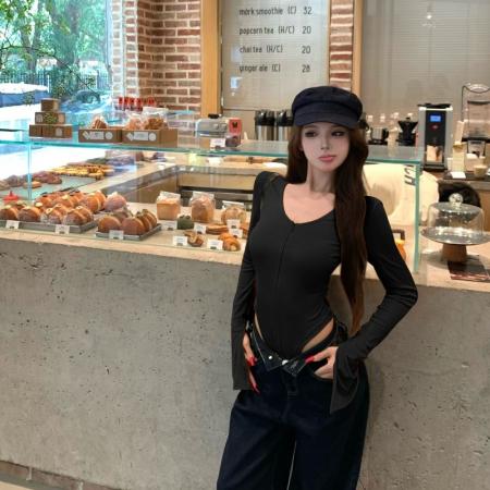 FA49137# 性感辣妹设计感长袖连体衣深V领氛围感连身T恤打底衫 服裝批發女裝批發服飾貨源