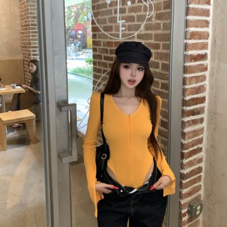 FA49137# 性感辣妹设计感长袖连体衣深V领氛围感连身T恤打底衫 服裝批發女裝批發服飾貨源