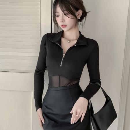 FA49139# 甜酷POLO领长袖T恤御姐透视网纱夜店风性感连体衣服上衣 服裝批發女裝批發服飾貨源