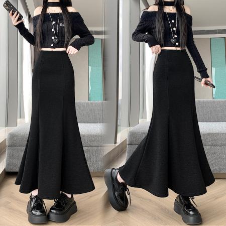 FA49143# 冬新款网红羊绒毛呢半身裙气质拼接中长鱼尾裙加绒半身裙 服裝批發女裝批發服飾貨源