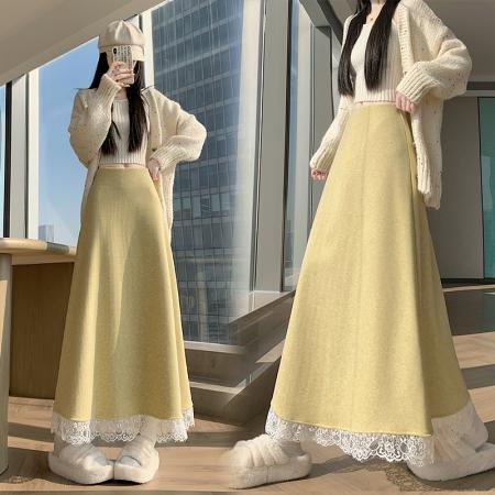 FA49144# 冬新款网红羊绒毛呢半身裙气质拼接中长鱼尾裙加绒半身裙 服裝批發女裝批發服飾貨源