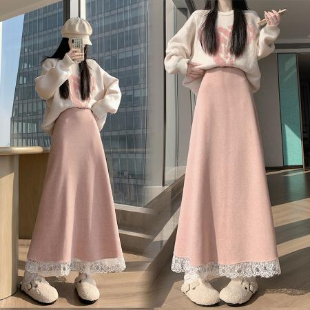 FA49144# 冬新款网红羊绒毛呢半身裙气质拼接中长鱼尾裙加绒半身裙 服裝批發女裝批發服飾貨源