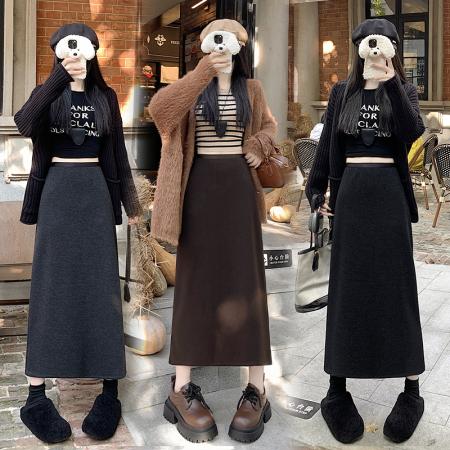 FA49146# 新版冬羊毛呢气质A字裙中长开叉包臀裙半身裙 服裝批發女裝批發服飾貨源