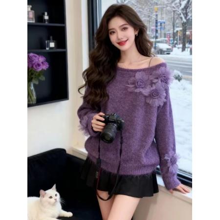 FA49147# 重工立体花朵针织衫上衣秋冬新款圆领韩系宽松甜美毛衣套头女 服裝批發女裝批發服飾貨源