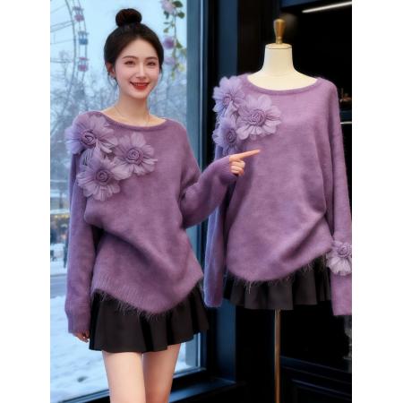FA49147# 重工立体花朵针织衫上衣秋冬新款圆领韩系宽松甜美毛衣套头女 服裝批發女裝批發服飾貨源