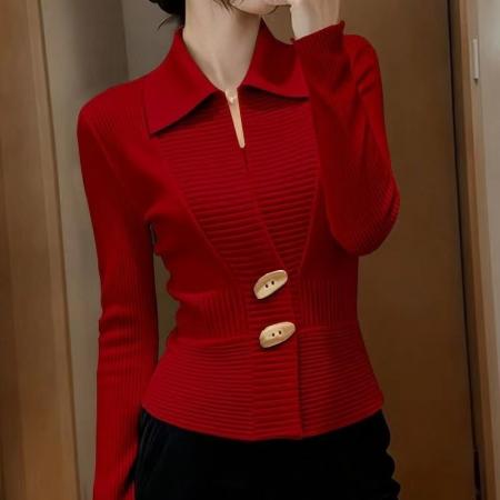 FA49148# 法式通勤百搭休闲日常高级感卡其色上衣女早秋修身显瘦针织衫 服裝批發女裝批發服飾貨源