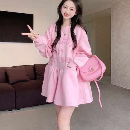 FA49150# 大码慵懒风原创拼接卫衣裙时尚减龄休闲遮肉遮肚显瘦春秋款上衣 服裝批發女裝批發服飾貨源