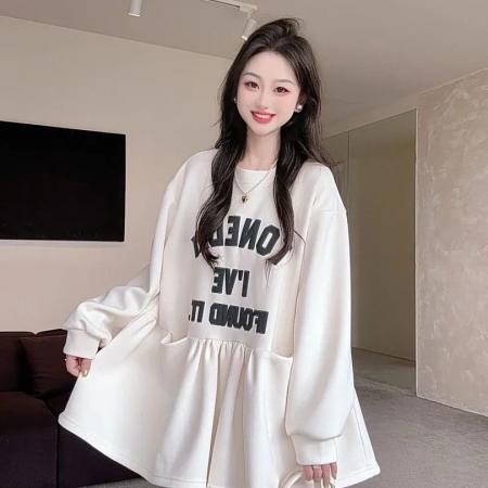 FA49150# 大码慵懒风原创拼接卫衣裙时尚减龄休闲遮肉遮肚显瘦春秋款上衣 服裝批發女裝批發服飾貨源