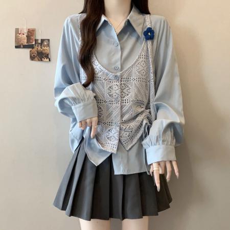 FA49151# 衬衫蓝色假两件衬衫长袖甜美新款设计减龄衬衣上衣 服裝批發女裝批發服飾貨源