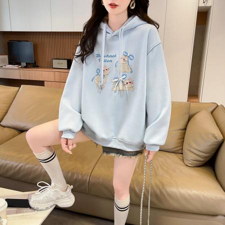 FA49152# 仿华棉复合银狐绒连帽卡通印花加绒加厚卫衣女 服裝批發女裝批發服飾貨源