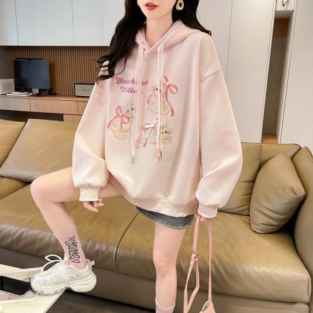 FA49152# 仿华棉复合银狐绒连帽卡通印花加绒加厚卫衣女 服裝批發女裝批發服飾貨源