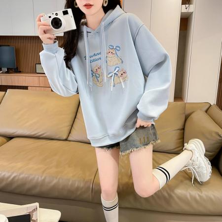 FA49152# 仿华棉复合银狐绒连帽卡通印花加绒加厚卫衣女 服裝批發女裝批發服飾貨源