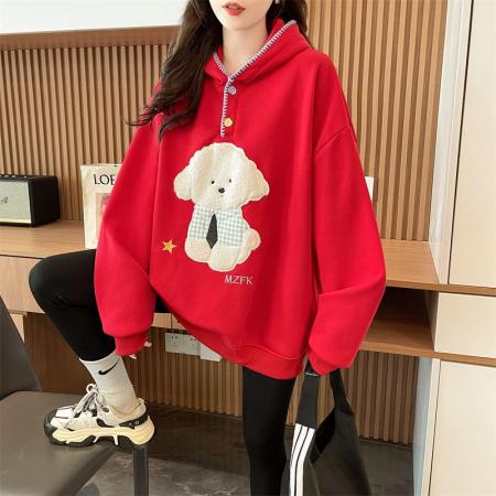 FA49153# 纯棉华棉复合银狐绒后包领连帽纽扣刺绣加绒卫衣 服裝批發女裝批發服飾貨源