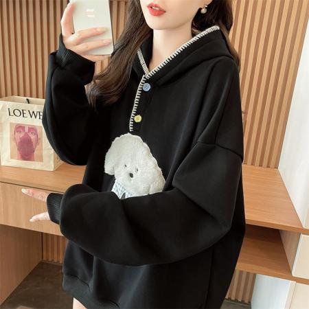 FA49153# 纯棉华棉复合银狐绒后包领连帽纽扣刺绣加绒卫衣 服裝批發女裝批發服飾貨源