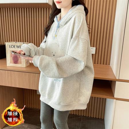 FA49153# 纯棉华棉复合银狐绒后包领连帽纽扣刺绣加绒卫衣 服裝批發女裝批發服飾貨源