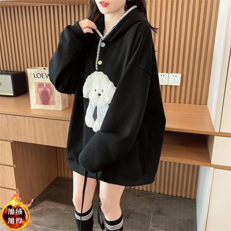 FA49153# 纯棉华棉复合银狐绒后包领连帽纽扣刺绣加绒卫衣 服裝批發女裝批發服飾貨源