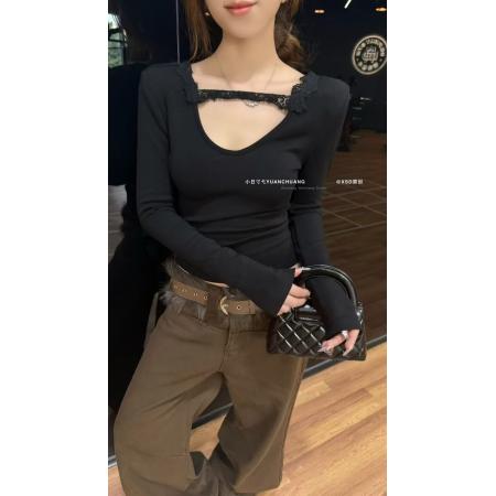 FA49154# 秋冬新款韩版蕾丝拼接V领显瘦T恤百搭磨毛绒打底衫内搭上衣女 服裝批發女裝批發服飾貨源