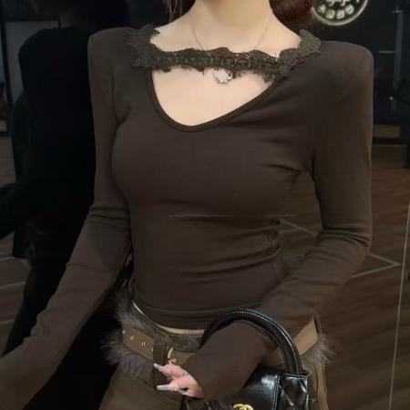 FA49154# 秋冬新款韩版蕾丝拼接V领显瘦T恤百搭磨毛绒打底衫内搭上衣女 服裝批發女裝批發服飾貨源