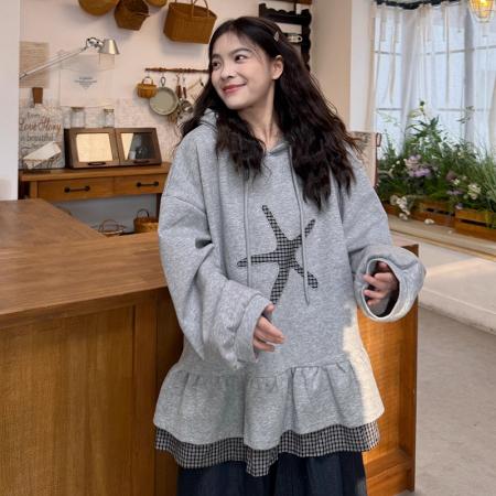 FA49158# 秋冬季新款简约大码女装胖mm日系上衣女格子拼接连帽卫衣ins 服裝批發女裝批發服飾貨源