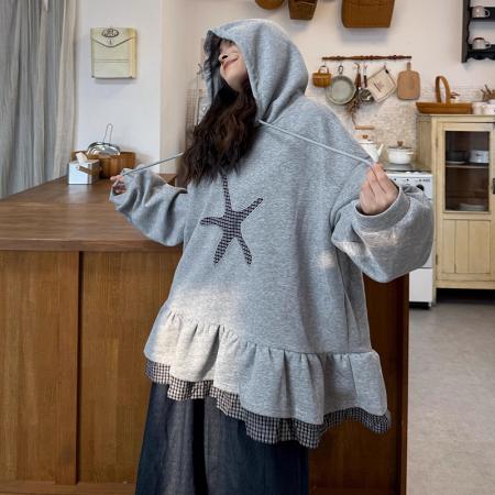 FA49158# 秋冬季新款简约大码女装胖mm日系上衣女格子拼接连帽卫衣ins 服裝批發女裝批發服飾貨源