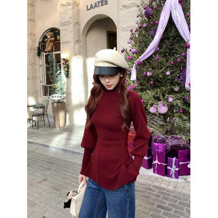 FA49159# 高领设计瑰丽佳人复古感收腰打底衫灯笼袖修身针织衫 服裝批發女裝批發服飾貨源