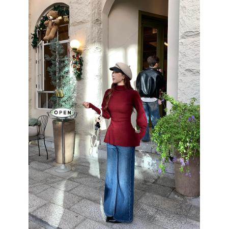 FA49159# 高领设计瑰丽佳人复古感收腰打底衫灯笼袖修身针织衫 服裝批發女裝批發服飾貨源