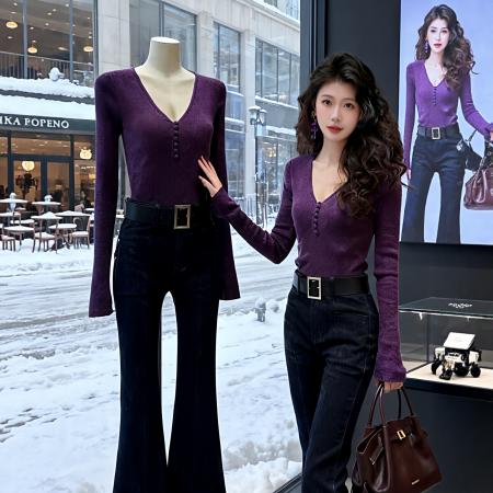 FA49160# 修身内搭打底衫长袖针织衫上衣秋冬新款保暖紫色毛衣穿搭 服裝批發女裝批發服飾貨源