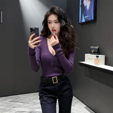 FA49160# 修身内搭打底衫长袖针织衫上衣秋冬新款保暖紫色毛衣穿搭 服裝批發女裝批發服飾貨源