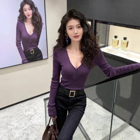 FA49160# 修身内搭打底衫长袖针织衫上衣秋冬新款保暖紫色毛衣穿搭 服裝批發女裝批發服飾貨源