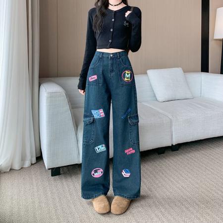 FA49162# 美式复古邮票印花工装牛仔裤女高街小众宽松阔腿直筒裤 服裝批發女裝批發服飾貨源