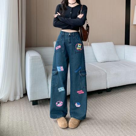 FA49162# 美式复古邮票印花工装牛仔裤女高街小众宽松阔腿直筒裤 服裝批發女裝批發服飾貨源
