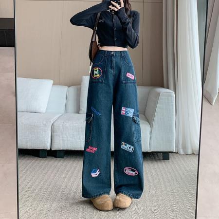 FA49162# 美式复古邮票印花工装牛仔裤女高街小众宽松阔腿直筒裤 服裝批發女裝批發服飾貨源