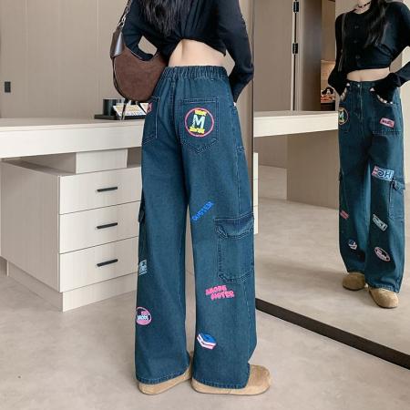 FA49162# 美式复古邮票印花工装牛仔裤女高街小众宽松阔腿直筒裤 服裝批發女裝批發服飾貨源