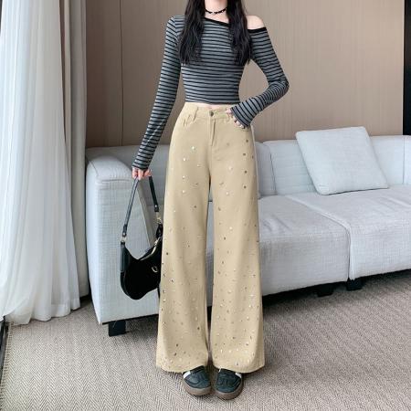 FA49163# 设计感水钻牛仔裤女高腰显瘦直筒裤子宽松阔腿拖地长裤 服裝批發女裝批發服飾貨源