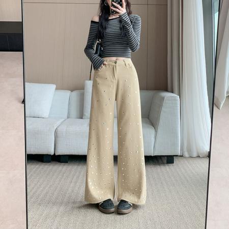 FA49163# 设计感水钻牛仔裤女高腰显瘦直筒裤子宽松阔腿拖地长裤 服裝批發女裝批發服飾貨源