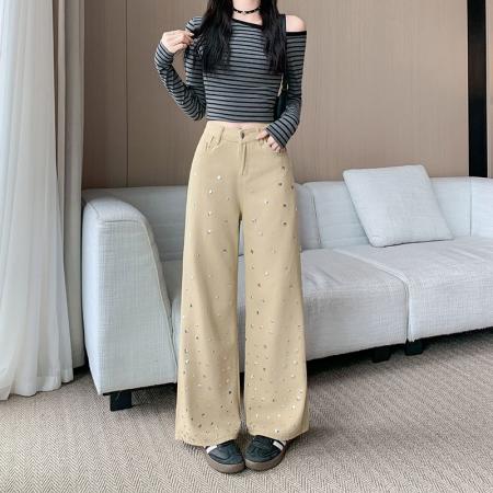 FA49163# 设计感水钻牛仔裤女高腰显瘦直筒裤子宽松阔腿拖地长裤 服裝批發女裝批發服飾貨源