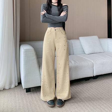 FA49163# 设计感水钻牛仔裤女高腰显瘦直筒裤子宽松阔腿拖地长裤 服裝批發女裝批發服飾貨源