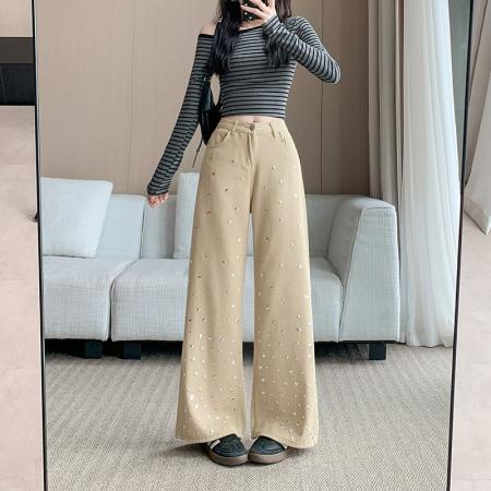 FA49163# 设计感水钻牛仔裤女高腰显瘦直筒裤子宽松阔腿拖地长裤 服裝批發女裝批發服飾貨源