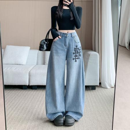 FA49164# 美式复古印花牛仔裤女秋季新款高腰宽松阔腿牛仔裤 服裝批發女裝批發服飾貨源