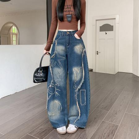 FA49165# 美式复古设计感阔腿牛仔裤女秋季新款刺绣做旧毛边裤子 服裝批發女裝批發服飾貨源